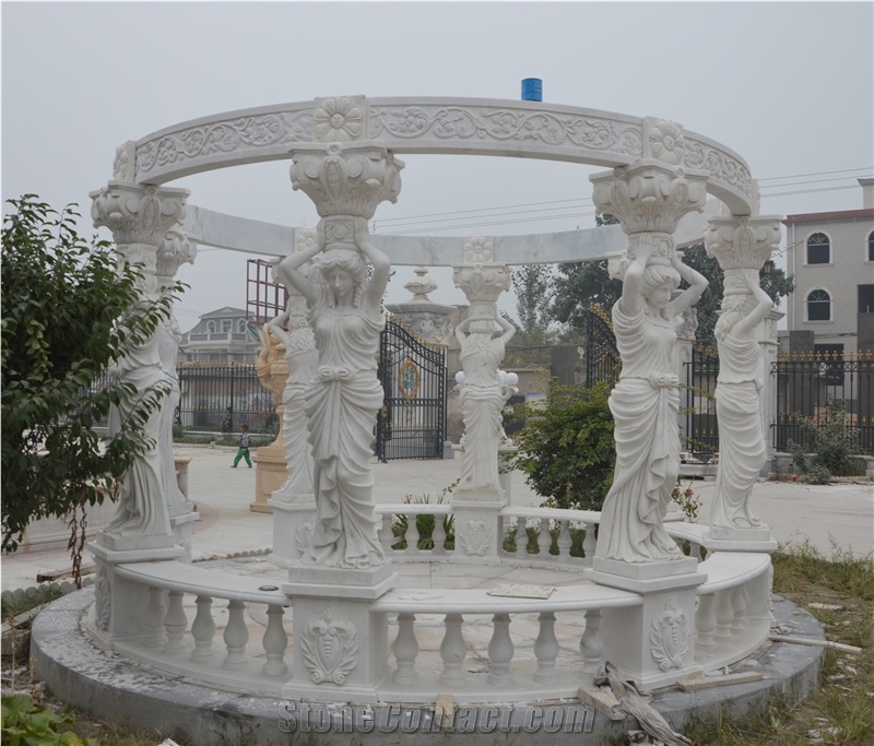 Customized Garden Gazebo Hand Carved White Marble Decor