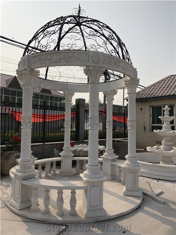 Customized Garden Gazebo Hand Carved White Marble Decor
