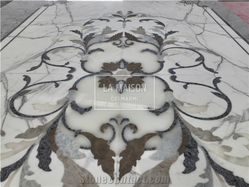 Calacatta White & Gray Marble Floor Waterjet Medallion Patterns