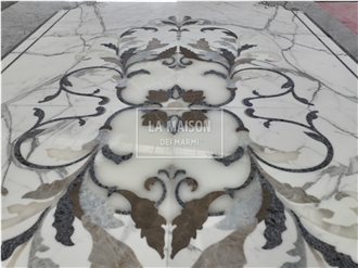Calacatta White & Gray Marble Floor Waterjet Medallion Patterns
