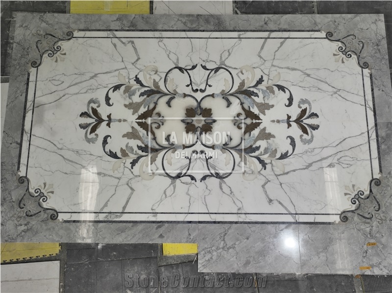 Calacatta White & Gray Marble Floor Waterjet Medallion Patterns