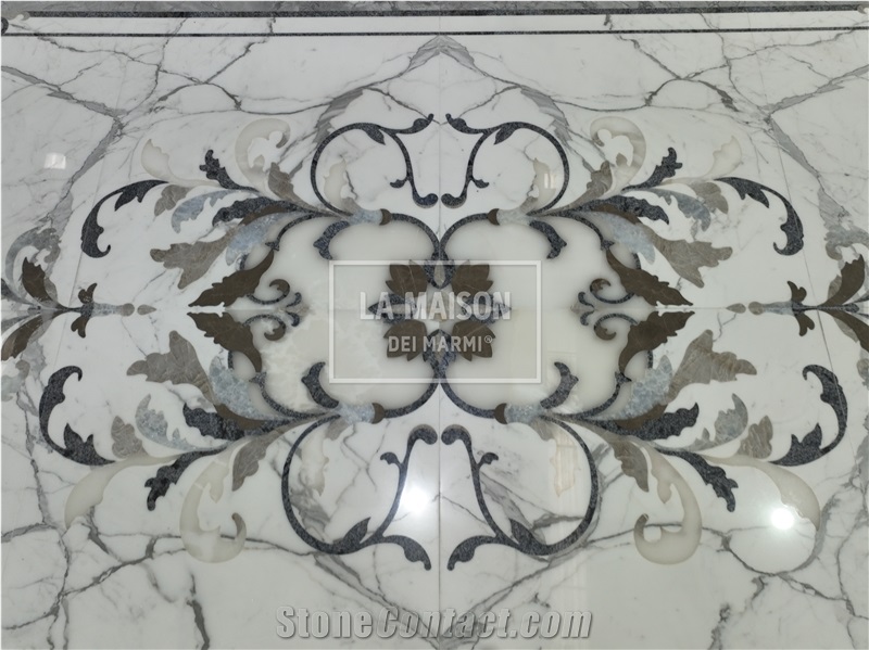 Calacatta White & Gray Marble Floor Waterjet Medallion Patterns