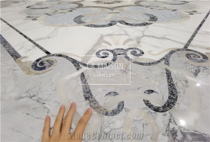 Calacatta White & Gray Marble Floor Waterjet Medallion Patterns