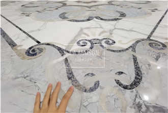 Calacatta White & Gray Marble Floor Waterjet Medallion Patterns