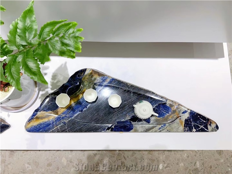 Luxury Sodalite Stone Tea Tray Handicraft