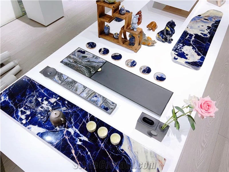 Luxury Sodalite Stone Tea Tray Handicraft