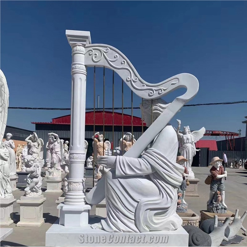 Classical Marble Angel Playing A Harp Garden Sculpture
