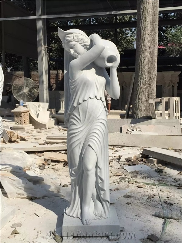 Classical Marble Angel Playing A Harp Garden Sculpture