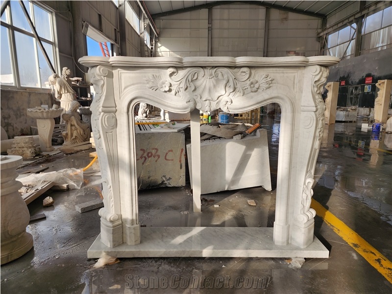 Indoor Design Carrara White Marble Stone Fireplace Mantel