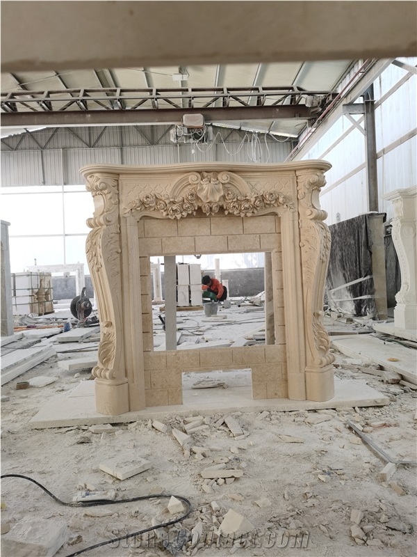 Polished Galala Beige Marble Stone Fireplace