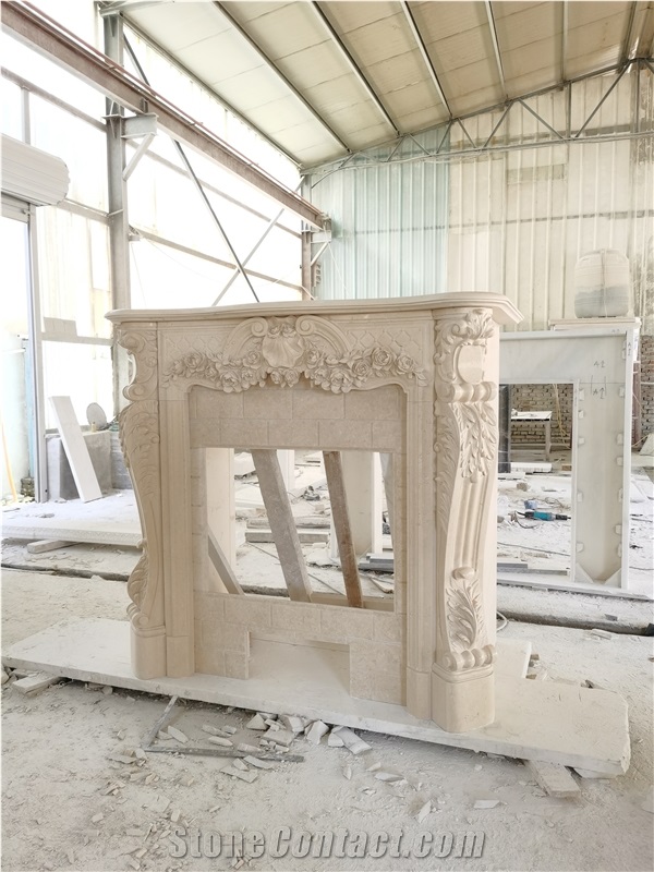 Polished Galala Beige Marble Stone Fireplace