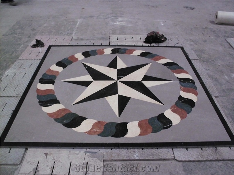 Waterjet Absolute Black And Beige Granite Pattern Medallion