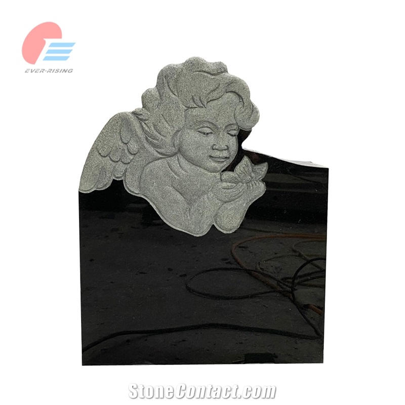 Absolute Black Granite Tombstone With Engraved Cherub