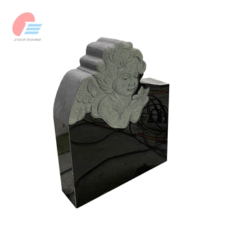Absolute Black Granite Tombstone With Engraved Cherub