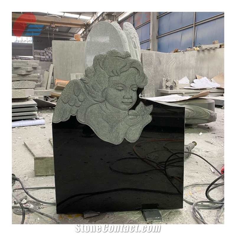Absolute Black Granite Tombstone With Engraved Cherub