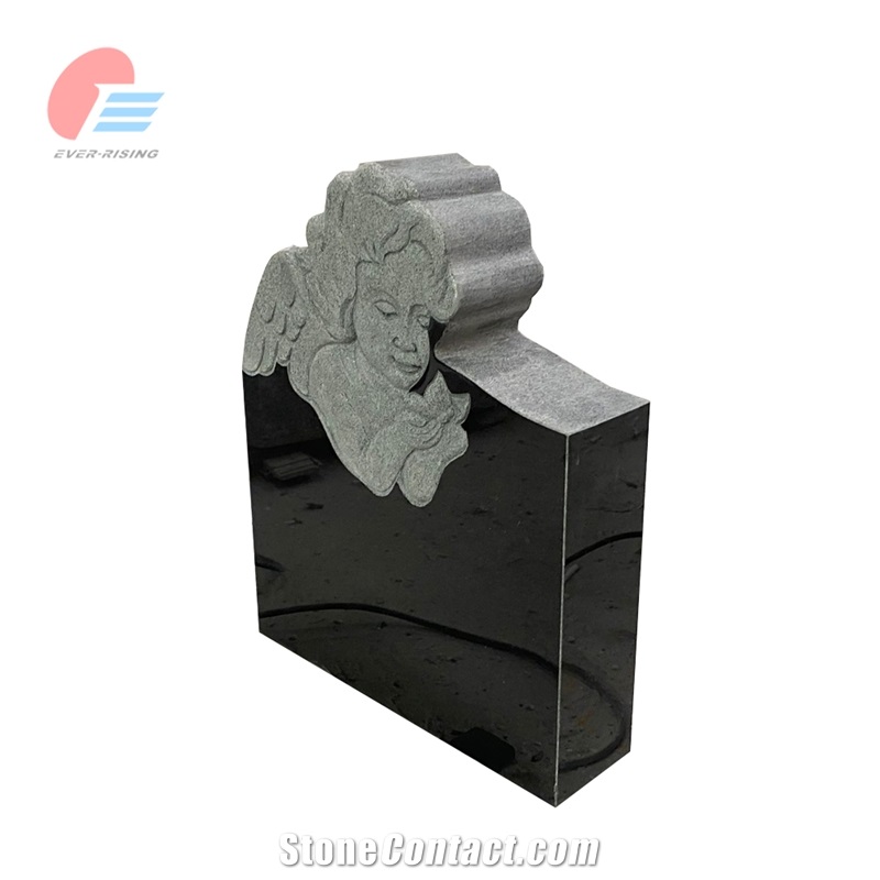 Absolute Black Granite Tombstone With Engraved Cherub