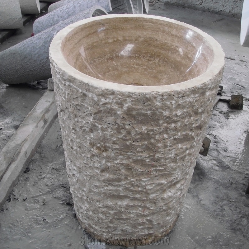 Beige Travertine Barrel Sink Polished Inside Nature Outside