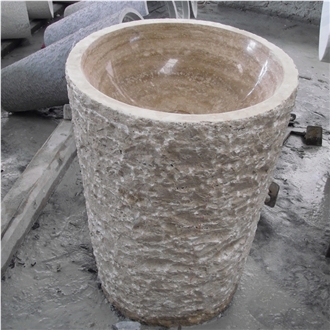 Beige Travertine Barrel Sink Polished Inside Nature Outside
