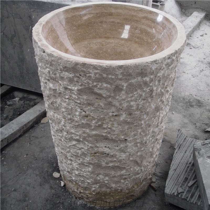 Beige Travertine Barrel Sink Polished Inside Nature Outside