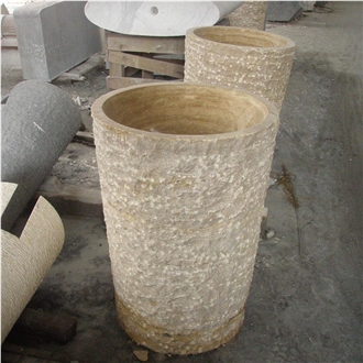 Beige Travertine Barrel Sink Polished Inside Nature Outside