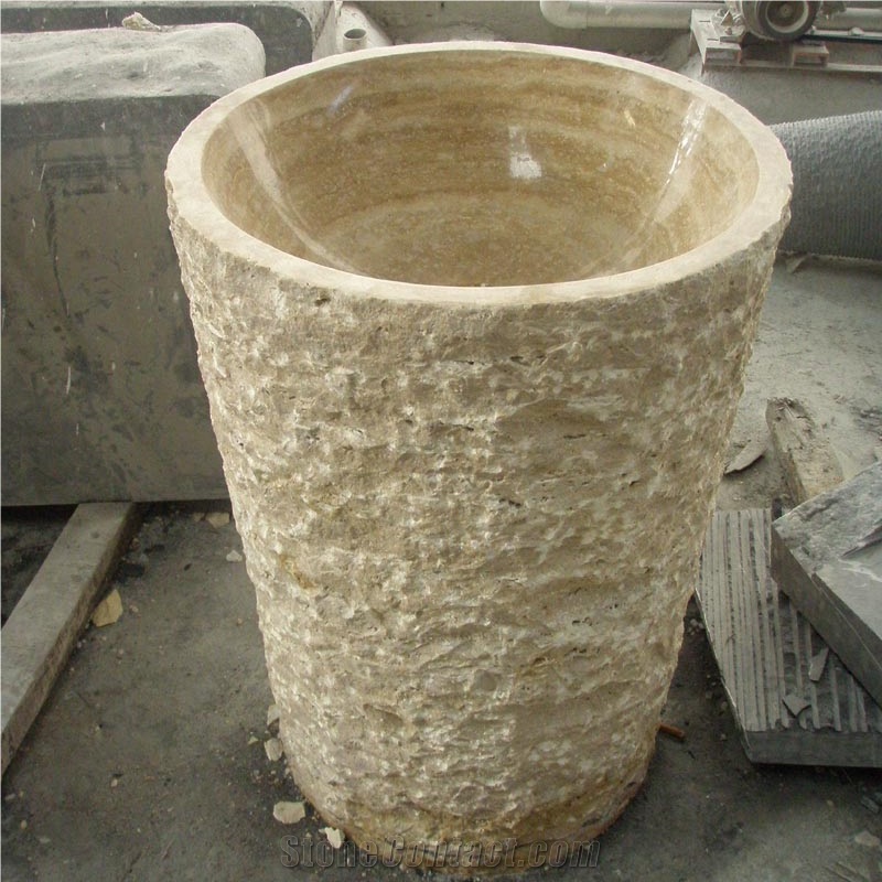 Beige Travertine Barrel Sink Polished Inside Nature Outside
