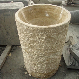 Beige Travertine Barrel Sink Polished Inside Nature Outside
