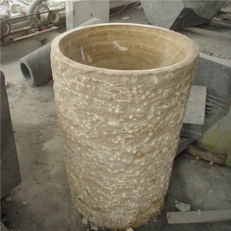 Beige Travertine Barrel Sink Polished Inside Nature Outside