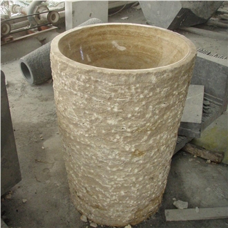 Beige Travertine Barrel Sink Polished Inside Nature Outside