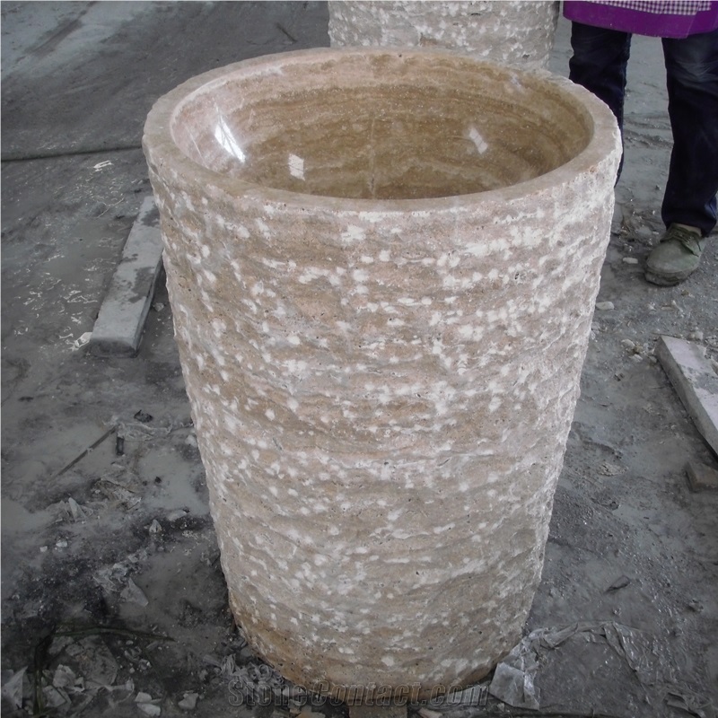Beige Travertine Barrel Sink Polished Inside Nature Outside