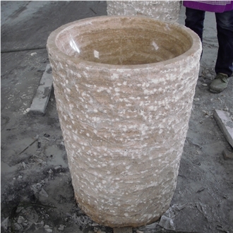 Beige Travertine Barrel Sink Polished Inside Nature Outside