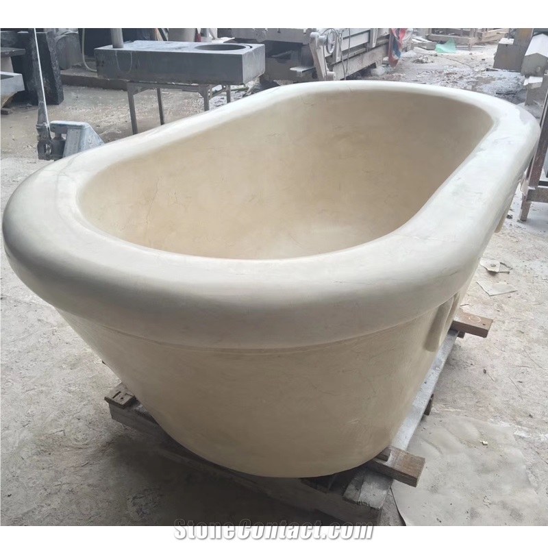 Beige Travertine Oval Bathroom Bathtub