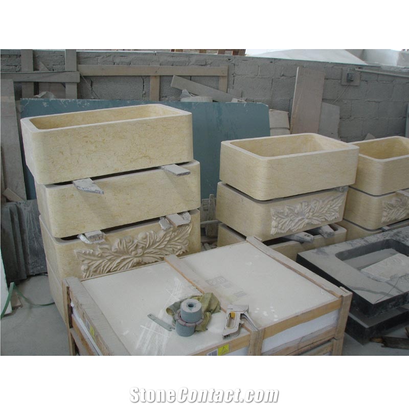 Galala Marble Farm Sink With Carvings In Single Block