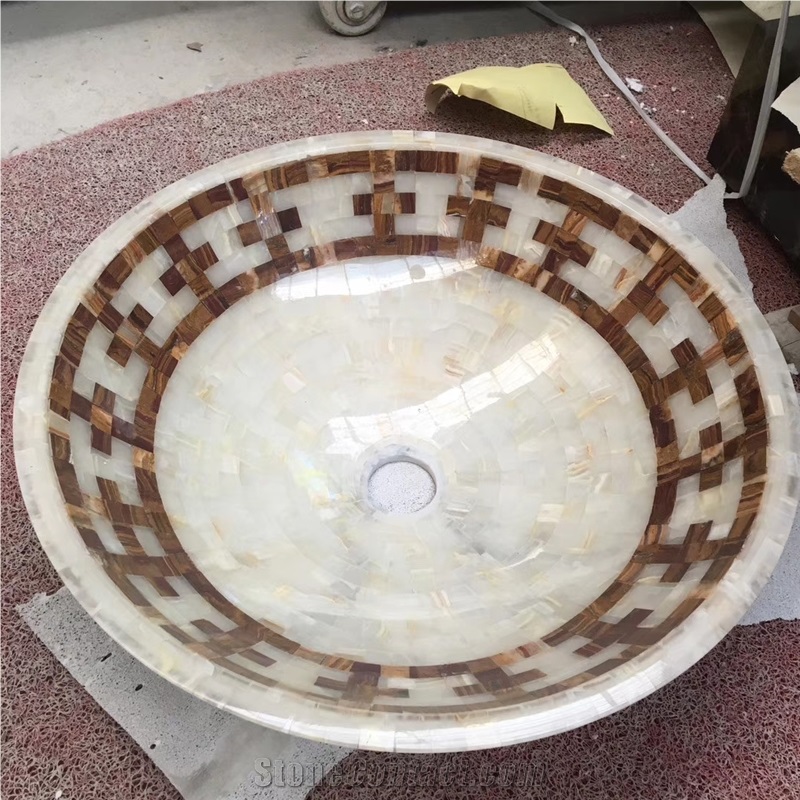 White Onyx And Dark Emperador Mosaic Sinks