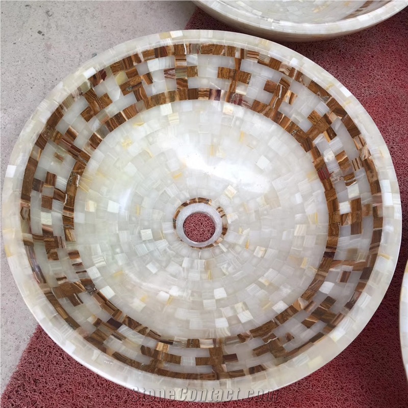 White Onyx And Dark Emperador Mosaic Sinks