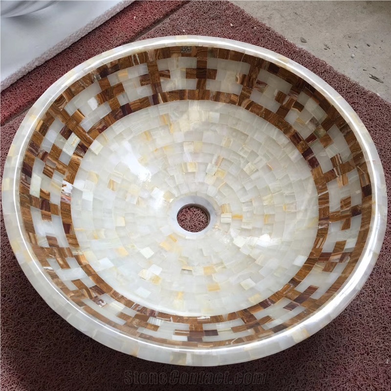 White Onyx And Dark Emperador Mosaic Sinks