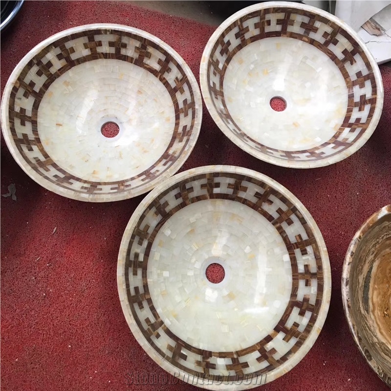White Onyx And Dark Emperador Mosaic Sinks
