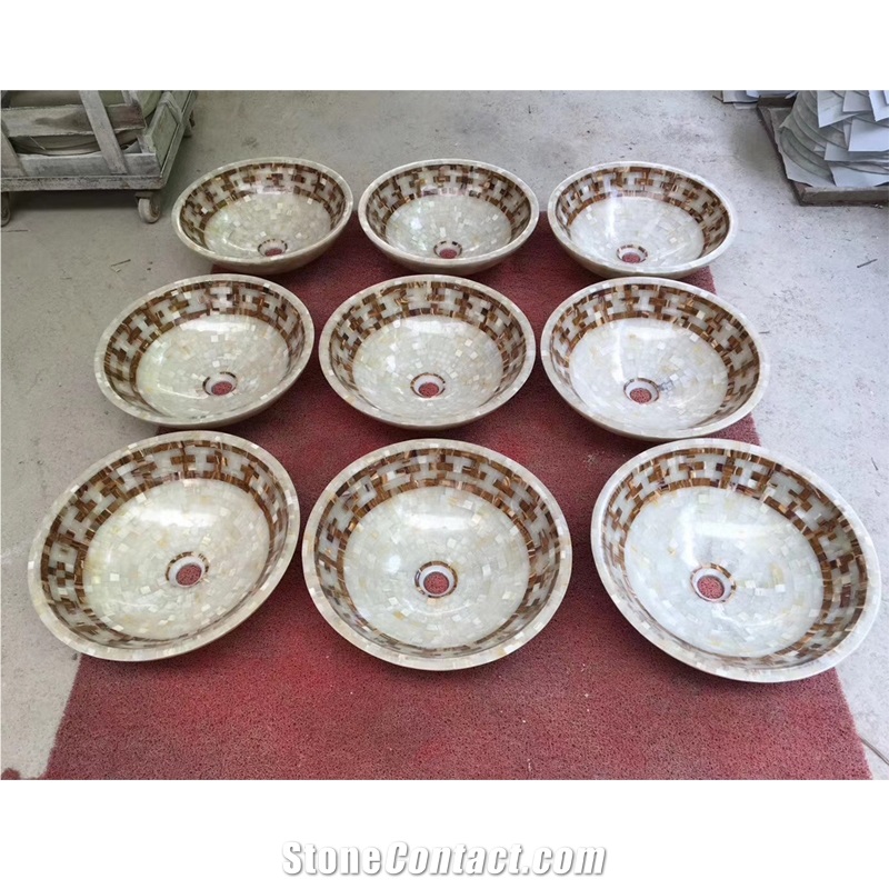 White Onyx And Dark Emperador Mosaic Sinks