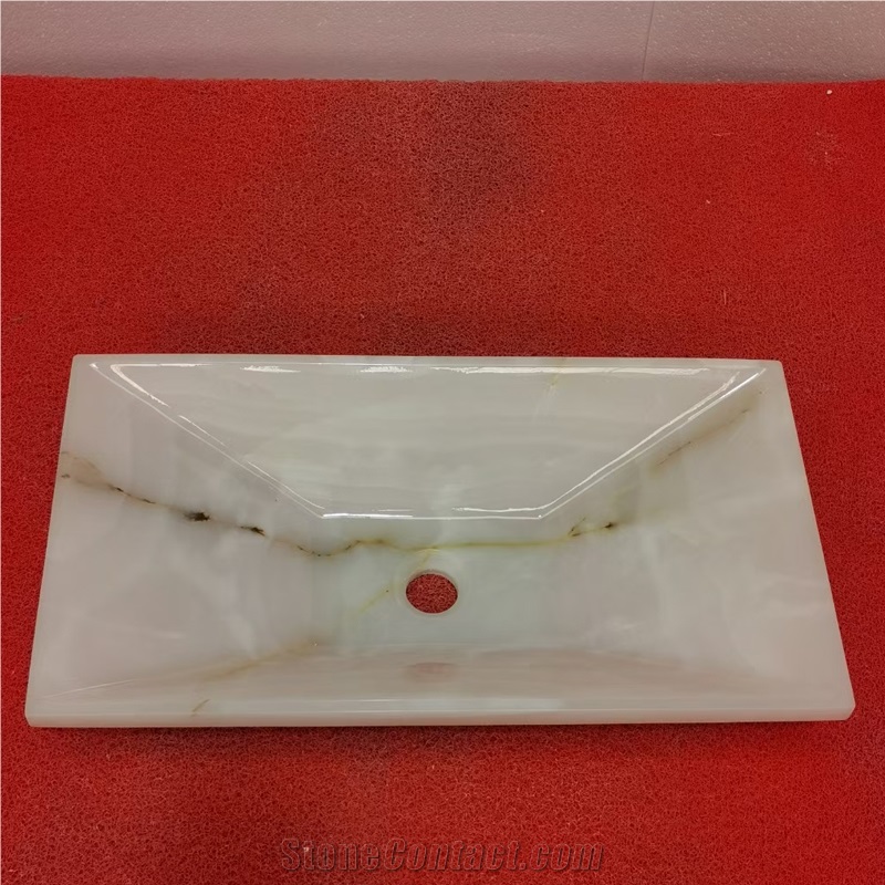 White Onyx Rectangle Bathroom Sink Full Polished