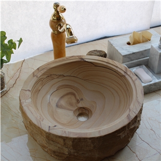 Wooden Vein Sandstone Wash Basin Polished Inside Nature Outside