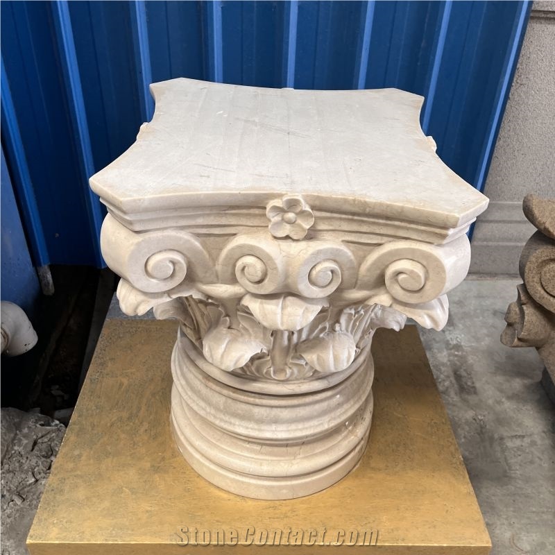 Natural Beige Marble Hand Carved Column Capital For Home