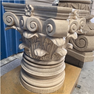 Natural Beige Marble Hand Carved Column Capital For Home
