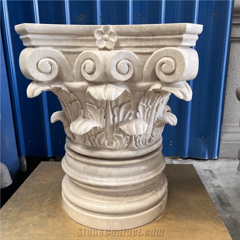 Natural Beige Marble Hand Carved Column Capital For Home