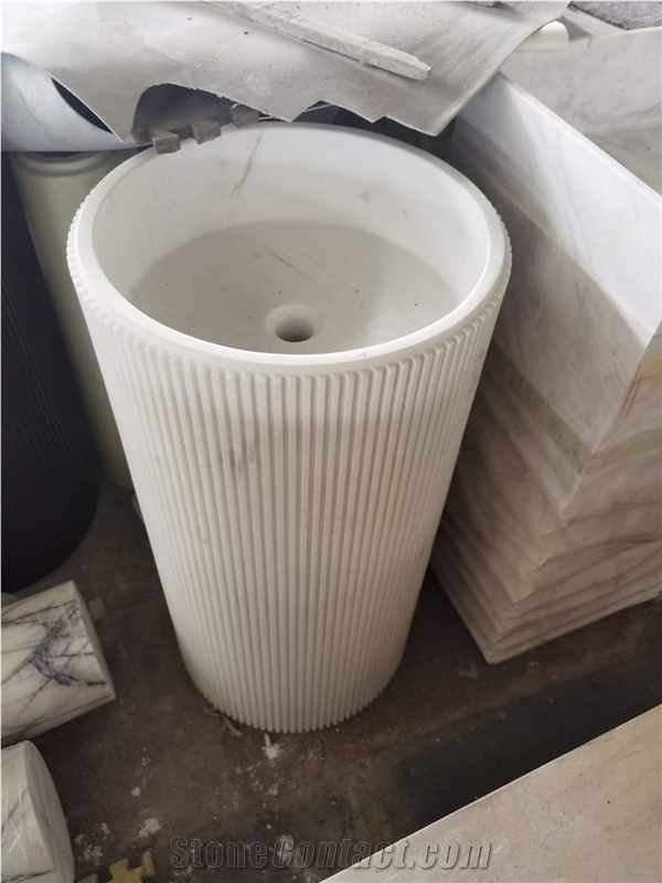 Soaking Fluted Volakas Marble Pedestal Round Washbasin