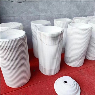 Soaking Fluted Volakas Marble Pedestal Round Washbasin