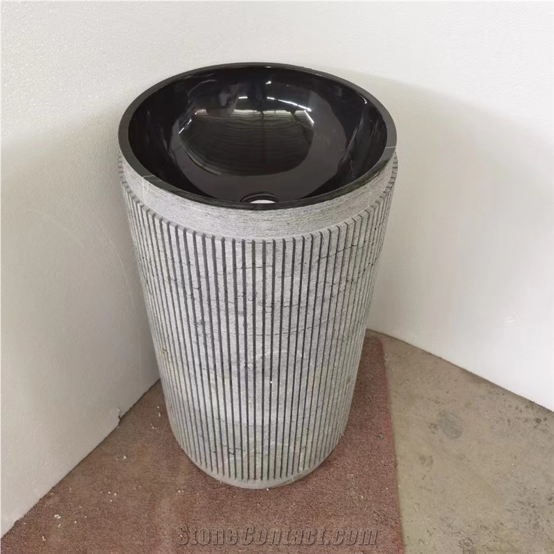 Soaking Fluted Volakas Marble Pedestal Round Washbasin