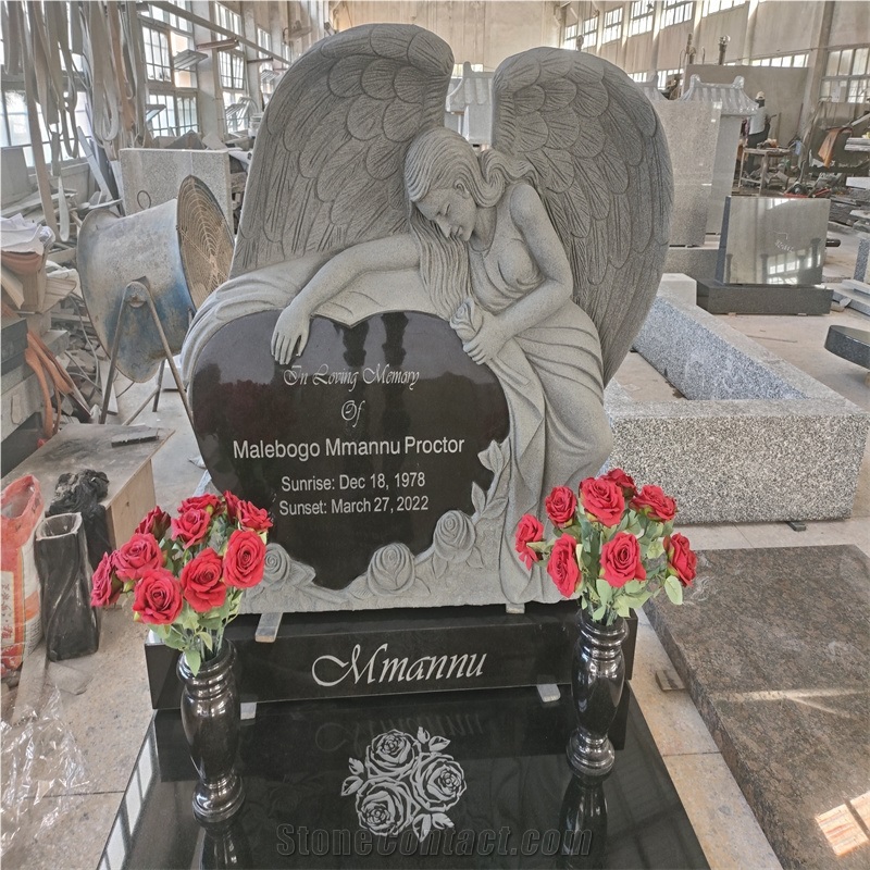 China Black Granite Monuments With Angel Sculpture