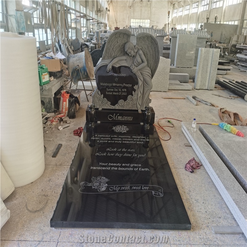 China Black Granite Monuments With Angel Sculpture