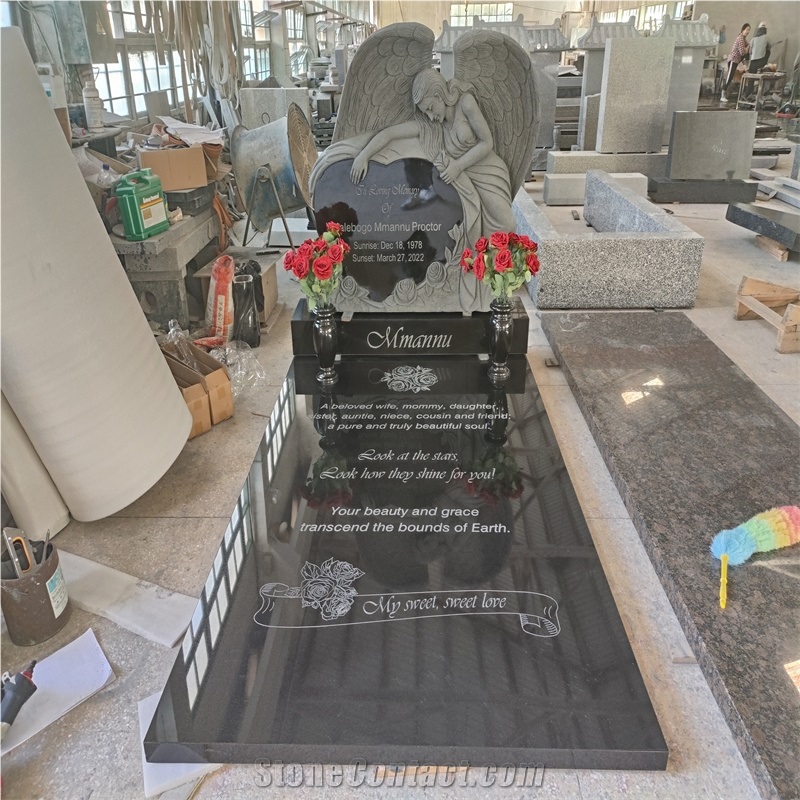 China Black Granite Monuments With Angel Sculpture