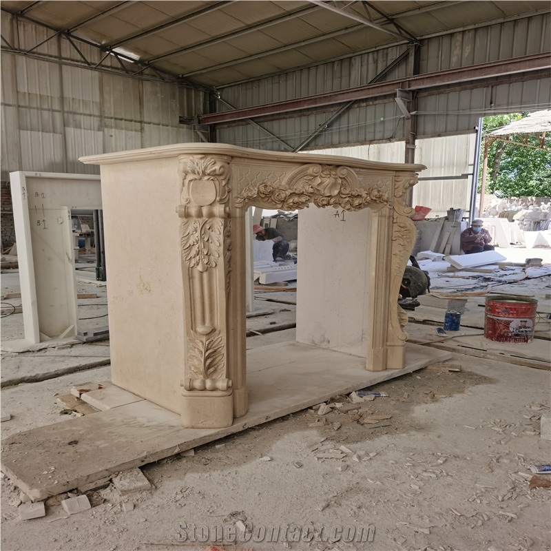 Hand Carved Beige Marble Cherub Fireplace Mantel