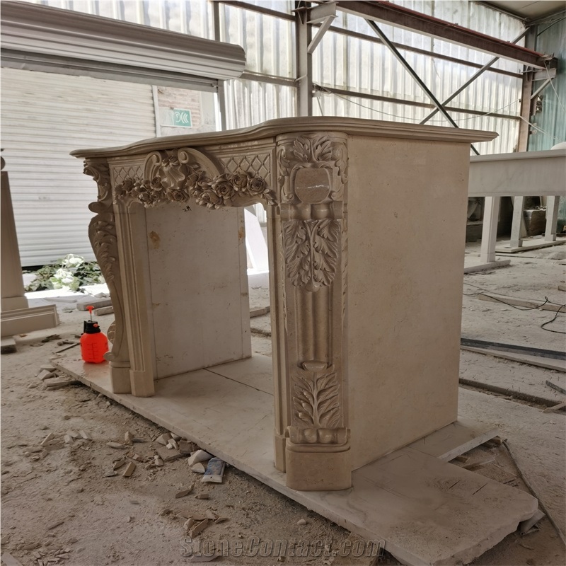 Hand Carved Beige Marble Cherub Fireplace Mantel